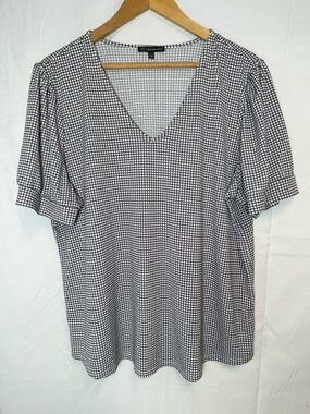 Adrianna Papell Black and White Grid V-Neck Short Sleeve Top Size XL